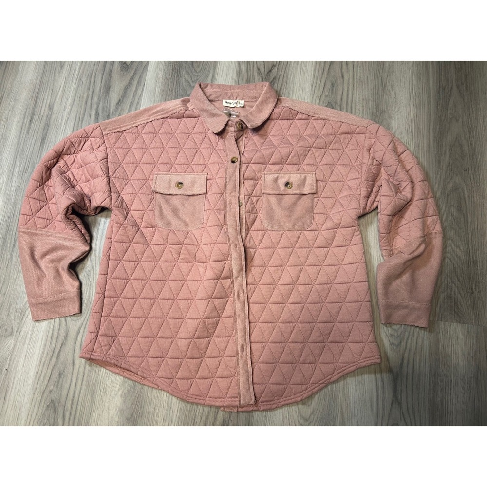 New In Womens Quilted Shacket Button Down Shirt Jacket Polyester Spandex L Pink